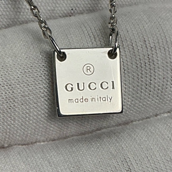 Authentic Gucci Square Plate Tag Pendant 925 Silver Necklace Signature Clasp - Picture 6 of 14